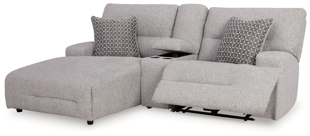 Pewter power reclining sectional sofa with chaise and two patterned accent pillows