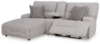 Pewter power reclining sectional sofa with chaise and two patterned accent pillows