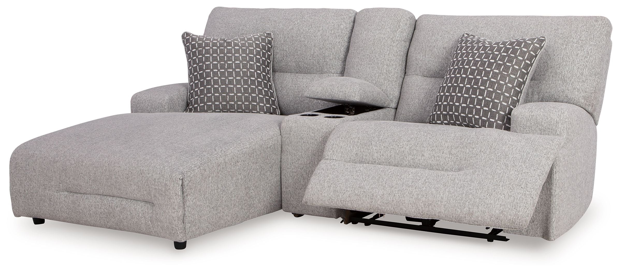 Pewter power reclining sectional sofa with chaise and two patterned accent pillows