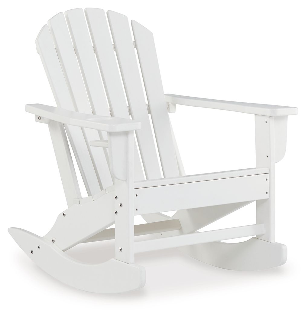 White Adirondack rocking chair with slatted back and wide seat on curved rockers.