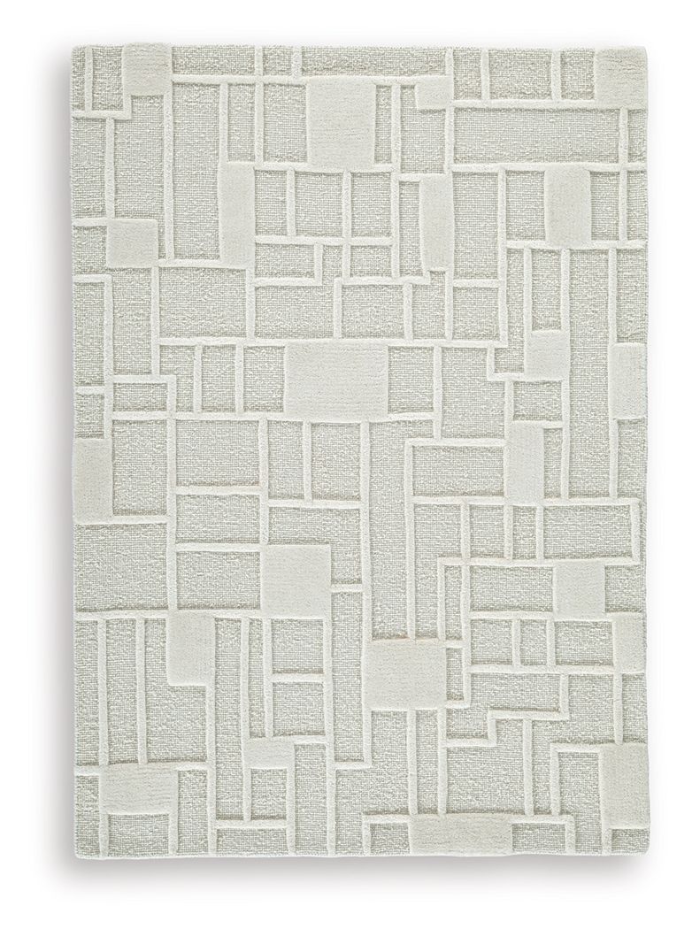 Empriss beige rug with dense block geometric pattern, flat weave texture