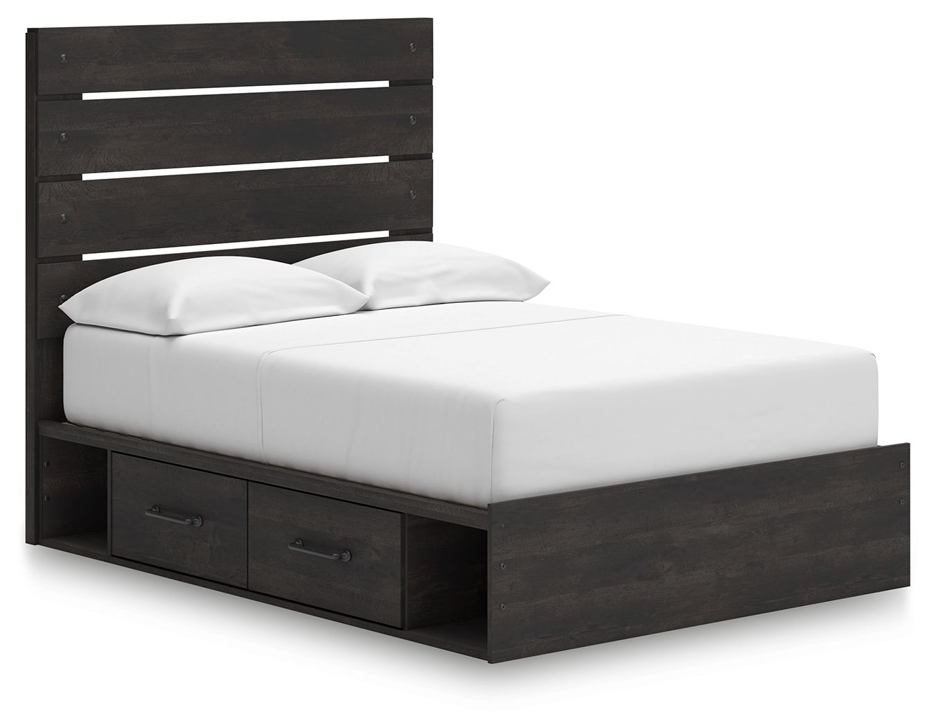 Dark gray panel storage bed with drawer front and white upholstered mattress