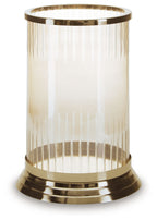 Aavinson glass candle holder with gold top rim and ribbed sides, round base