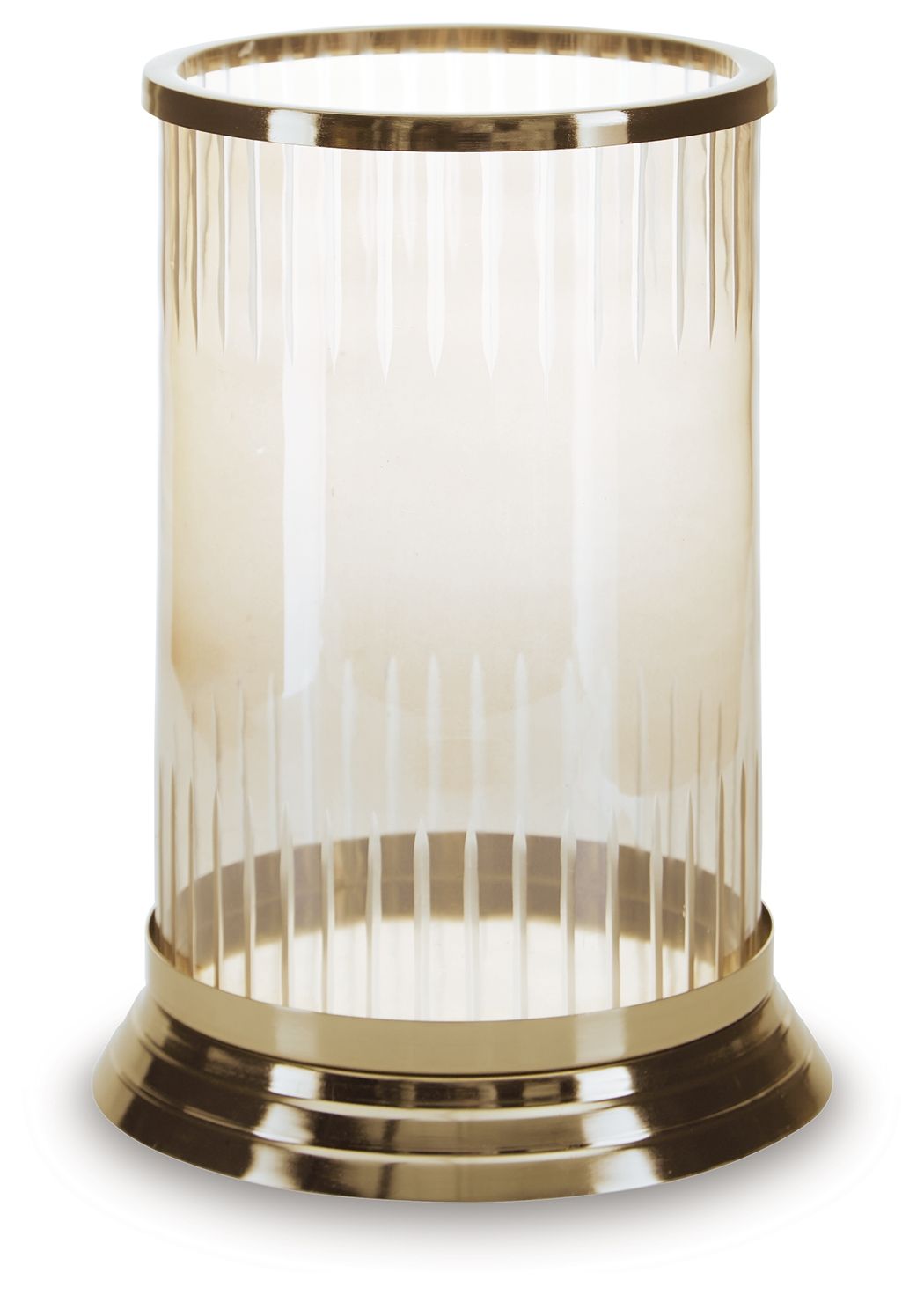 Aavinson glass candle holder with gold top rim and ribbed sides, round base