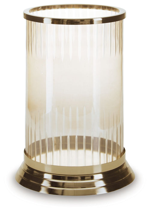 Aavinson glass candle holder with gold top rim and ribbed sides, round base