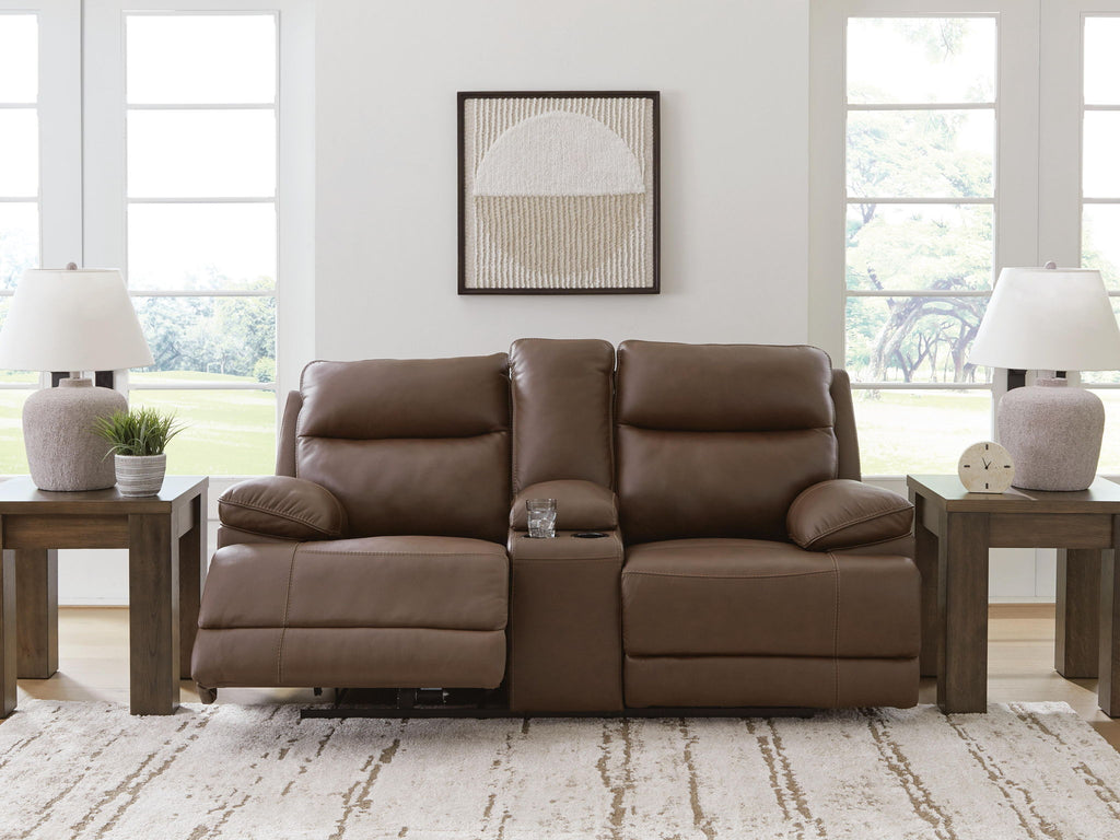 Power reclining loveseat with console and adjustable headrests, dark brown leather cushions