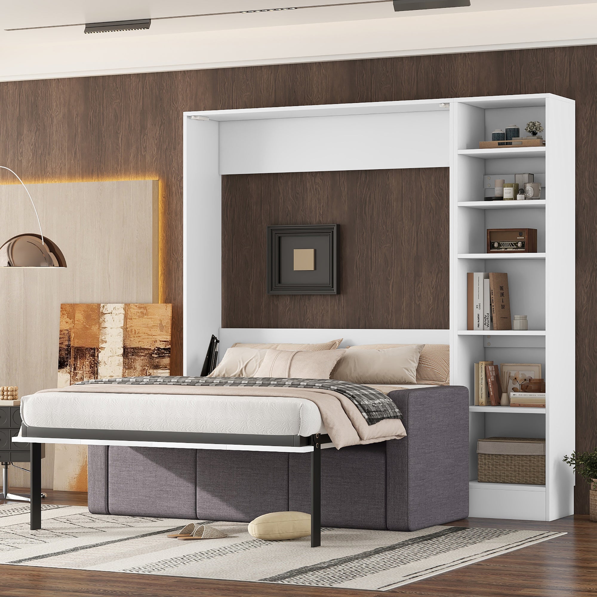 Full Size Murphy Wall Bed with Sofa & Shelves - Space Saving White Design