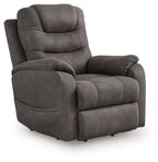 Gunmetal power lift recliner with curved armrests, thick back cushion, smooth upholstery.