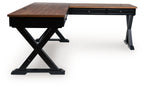 Brown home office desk with return section and black metal cross base