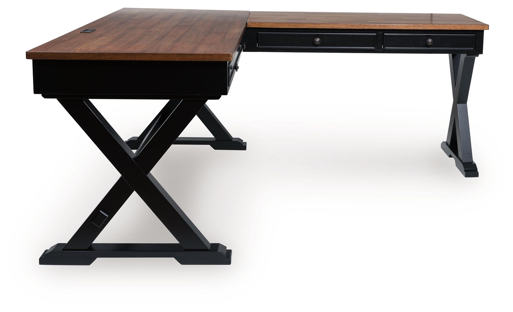 Brown home office desk with return section and black metal cross base