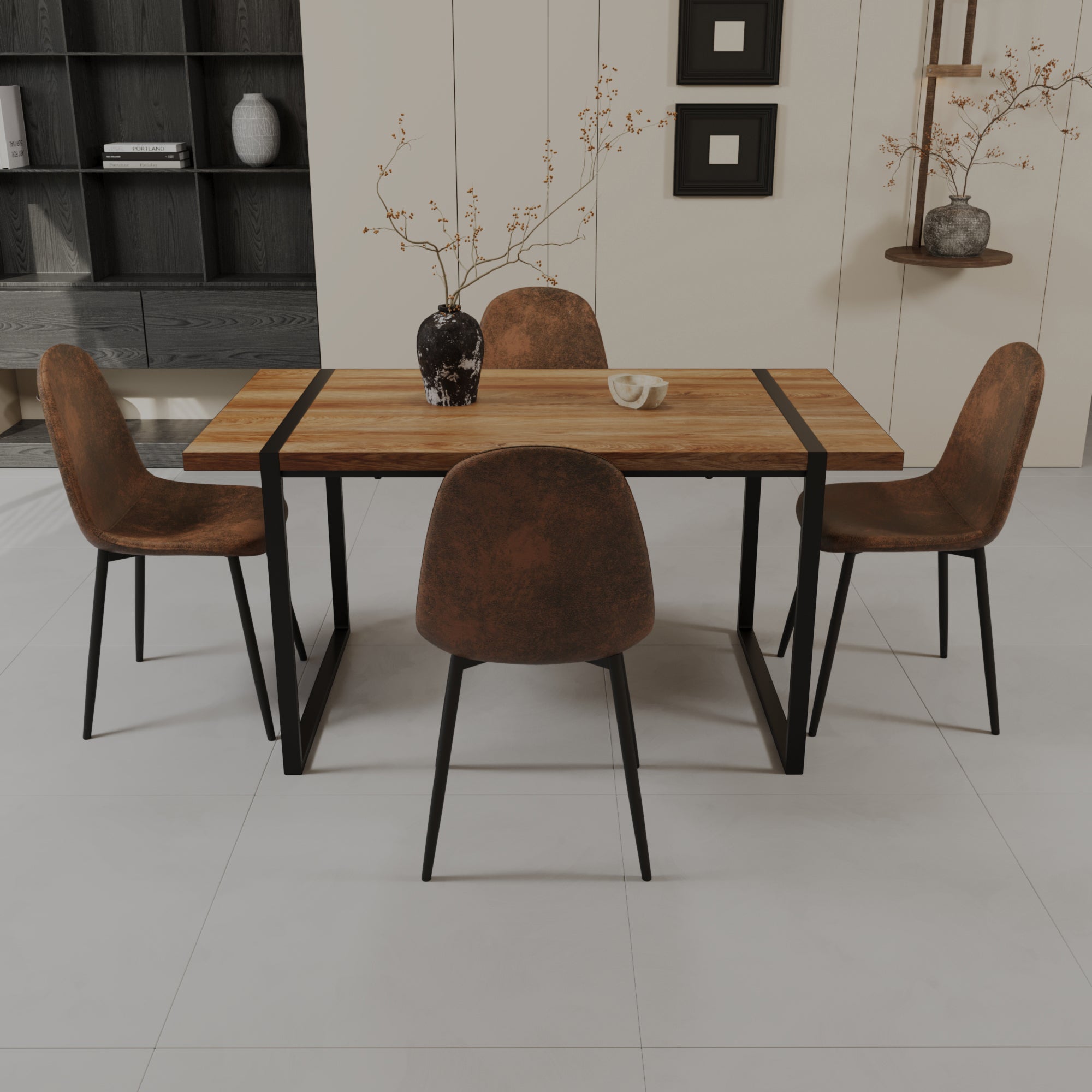 59" Modern Dining Table & 4 Suede Chairs Set