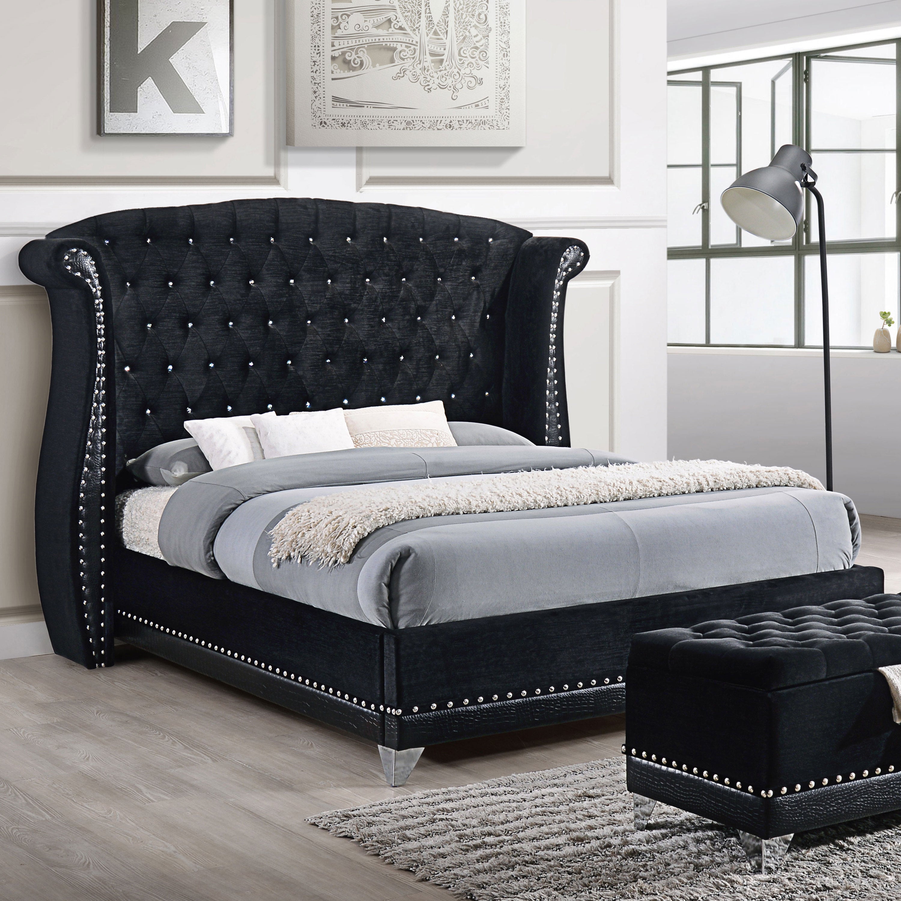 Tamsin Black Upholstered Eastern King Wingback Bed | Free Shipping Deal