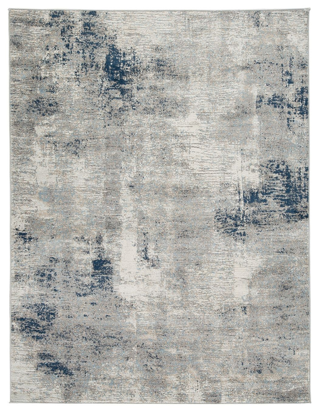 Gray rug with blue abstract distressed pattern and subtle textured finish, square edge