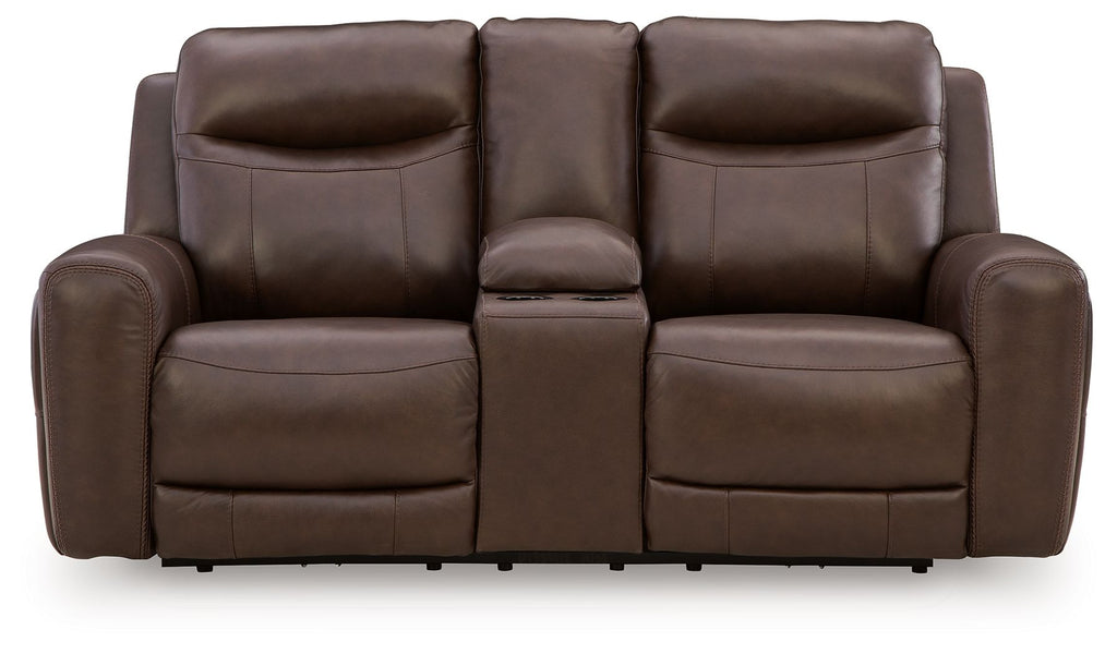 Dark brown power reclining loveseat with three padded back sections and console armrest.
