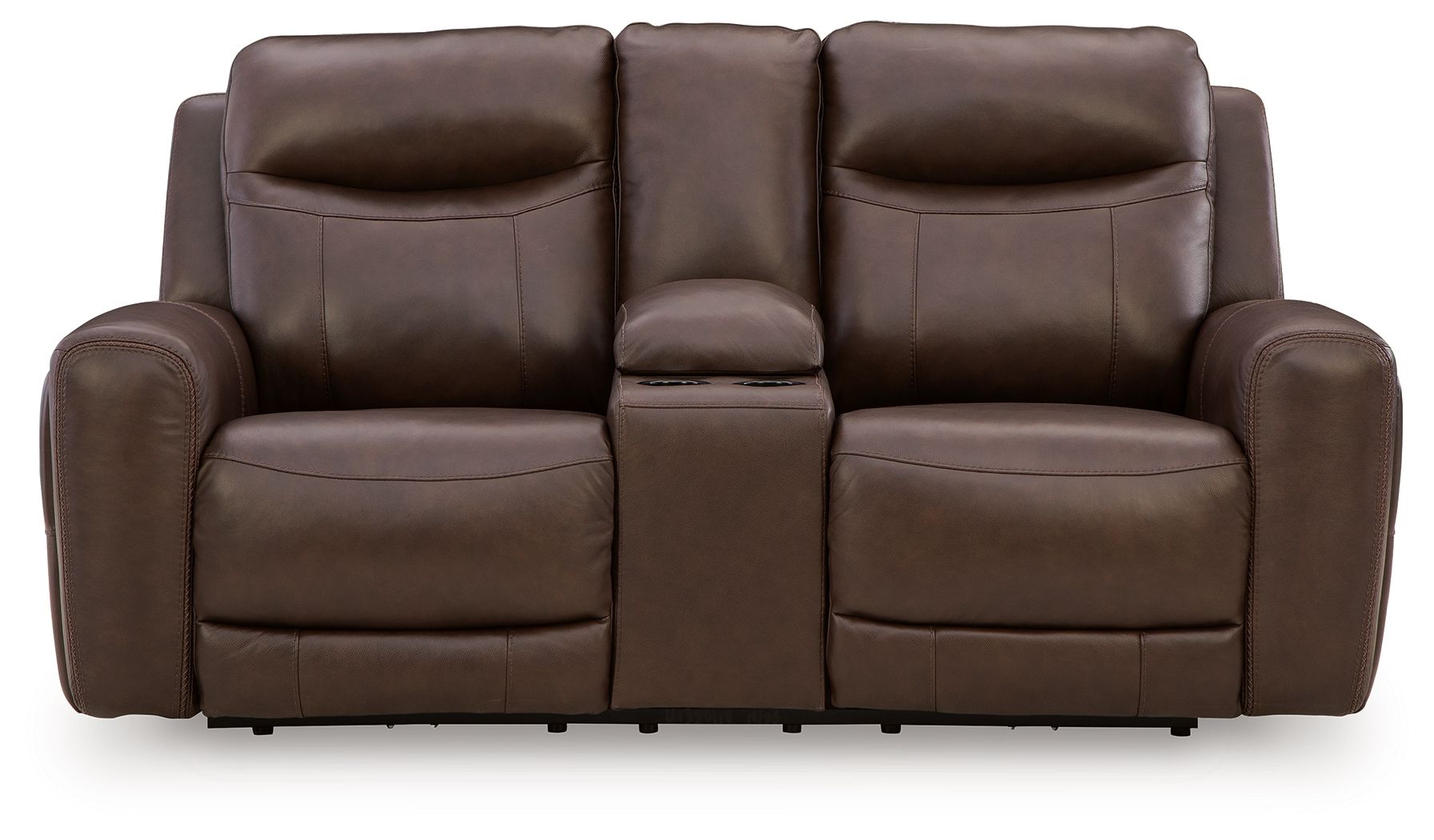 Dark brown power reclining loveseat with three padded back sections and console armrest.
