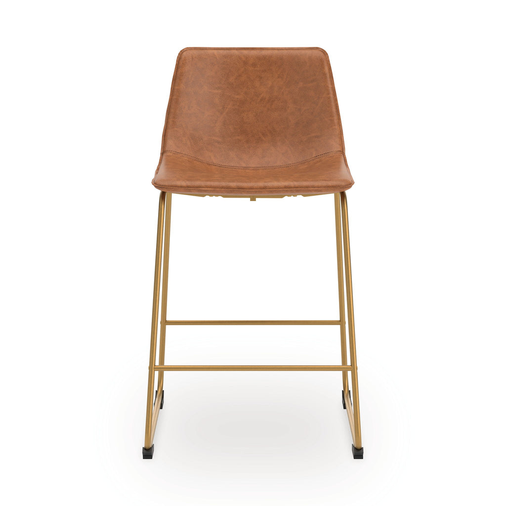 Upholstered barstool, light brown padded back and seat, gold-tone legs