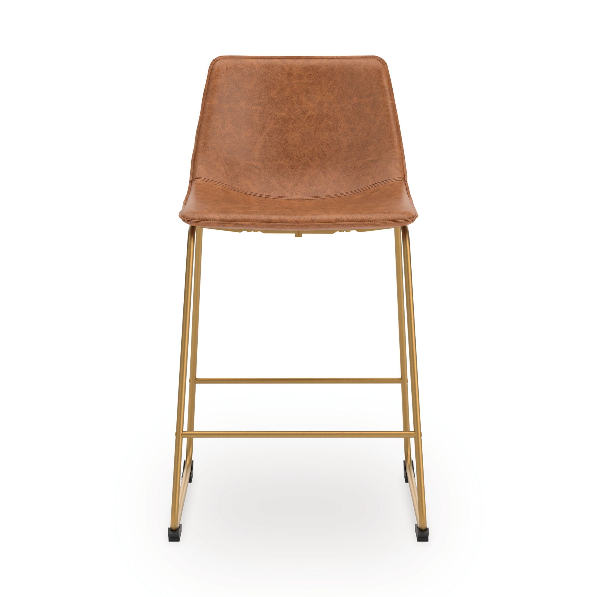 Upholstered barstool, light brown padded back and seat, gold-tone legs