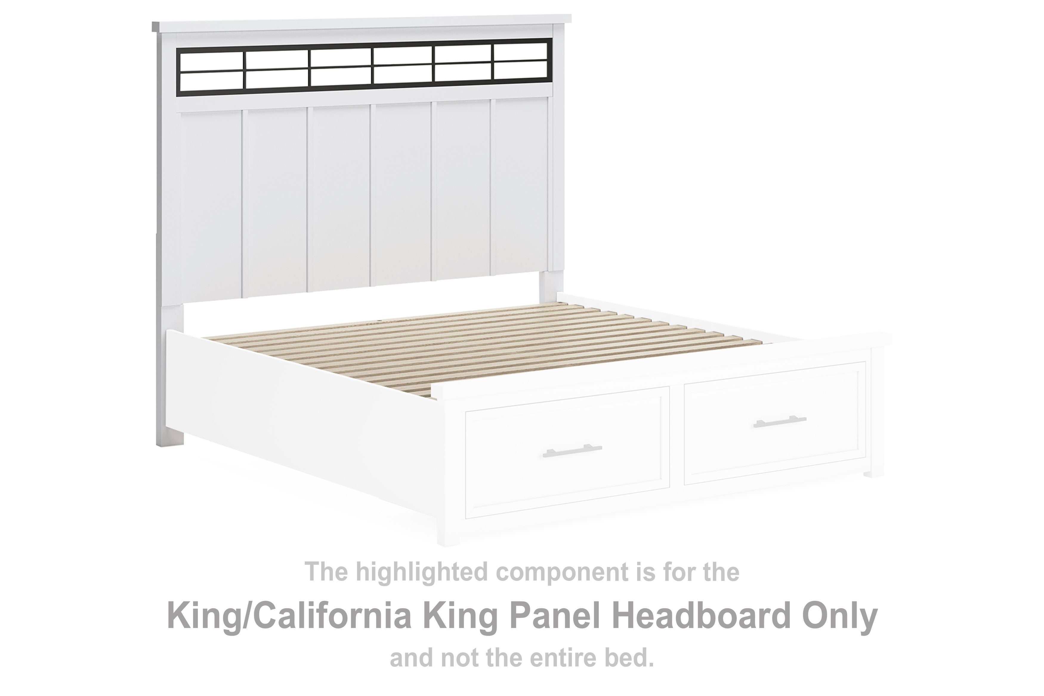 Panel headboard with white frame and vertical panels, with dark slat top detail