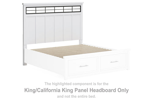 Panel headboard with white frame and vertical panels, with dark slat top detail
