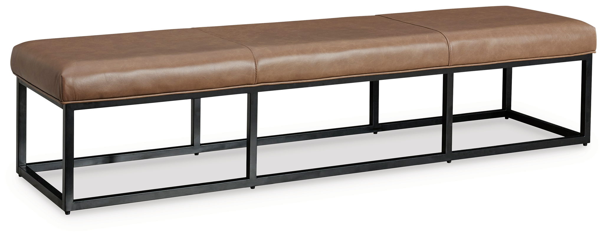 Caramel brown bench cushion on black metal frame with open lower shelf