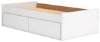 White platform bed with pull-out drawer fronts and exposed slat mattress base