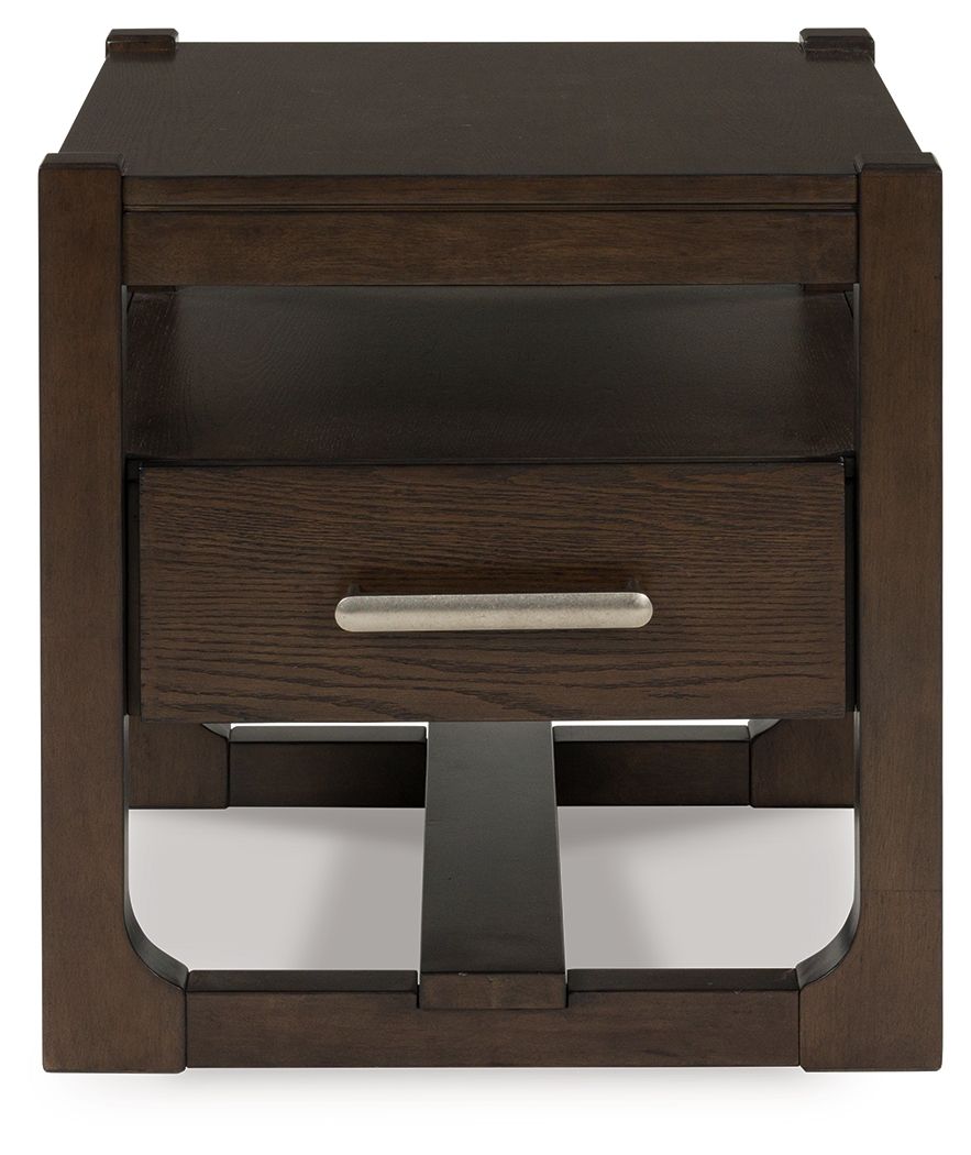 Square dark brown wood end table with drawer and curved open base, silver handle