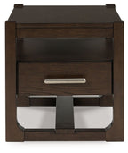 Square dark brown wood end table with drawer and curved open base, silver handle