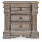 Three-drawer night stand front view, light grayish brown wood with three round knobs