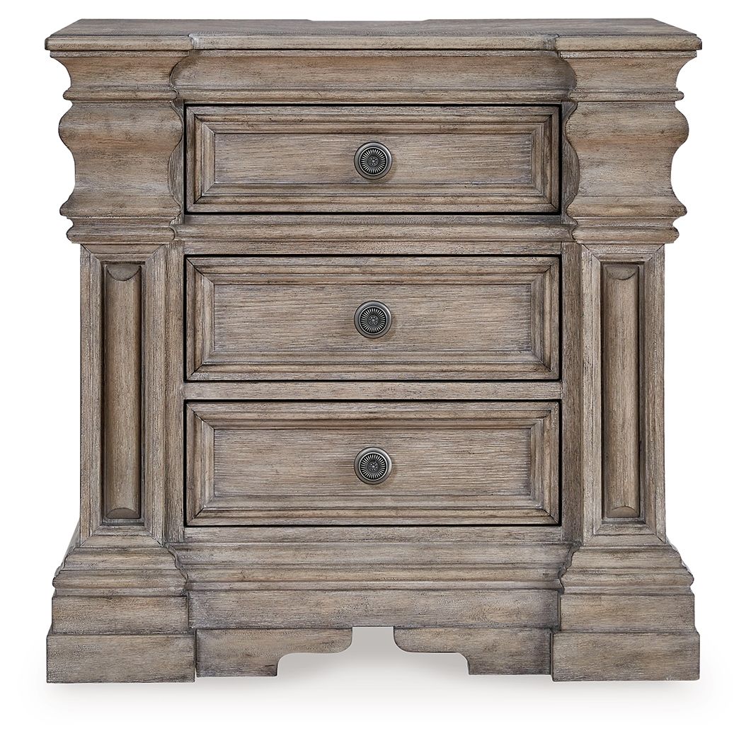 Three-drawer night stand front view, light grayish brown wood with three round knobs