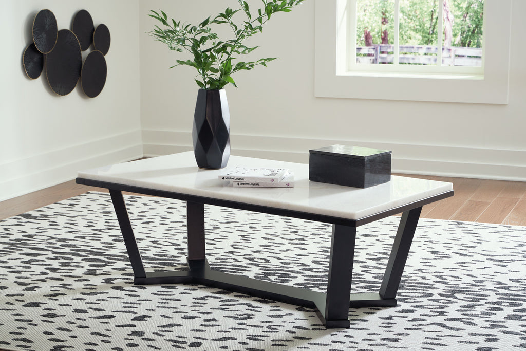 Rectangular cocktail table with white top and dark espresso legs, modern design