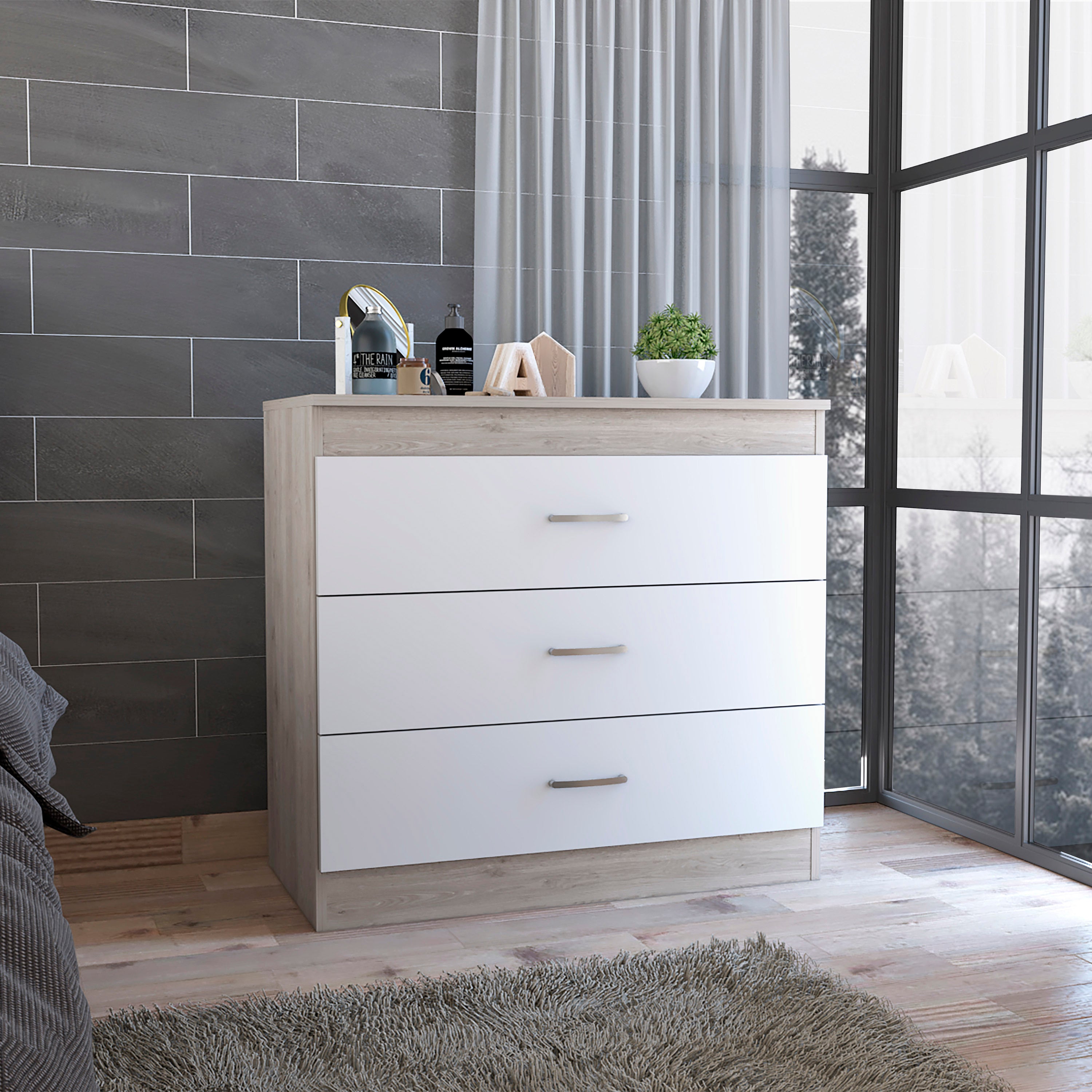 Lial Light Gray White 3 Drawer Dresser - Metal Hardware Top