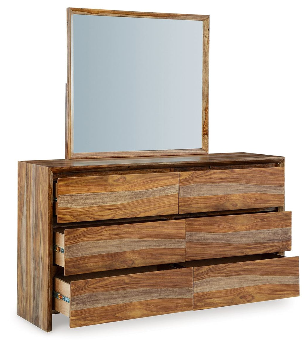 Brown wood dresser with square mirror and stacked drawer fronts