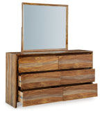 Brown wood dresser with square mirror and stacked drawer fronts