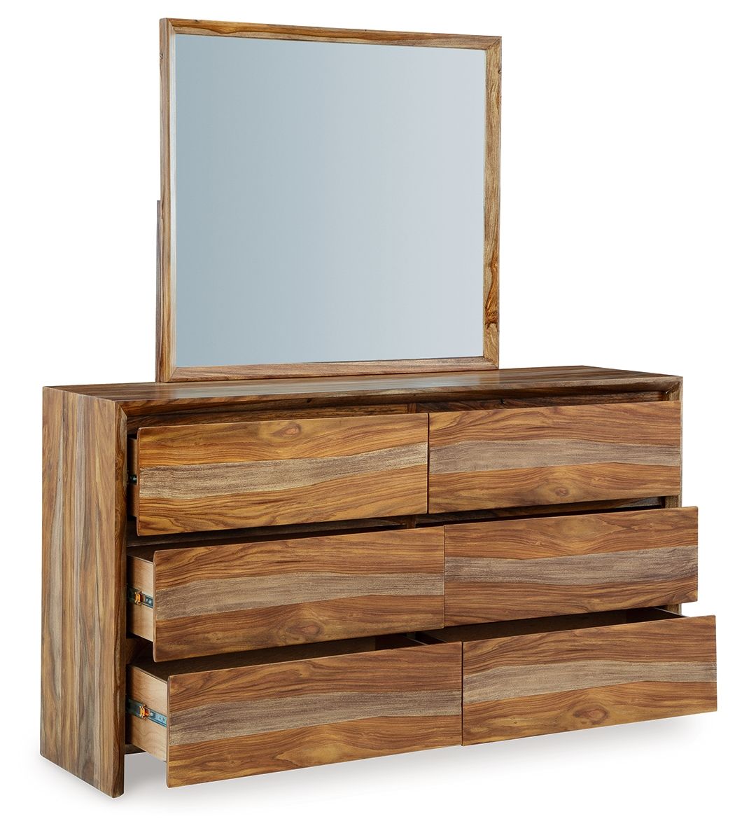 Brown wood dresser with square mirror and stacked drawer fronts