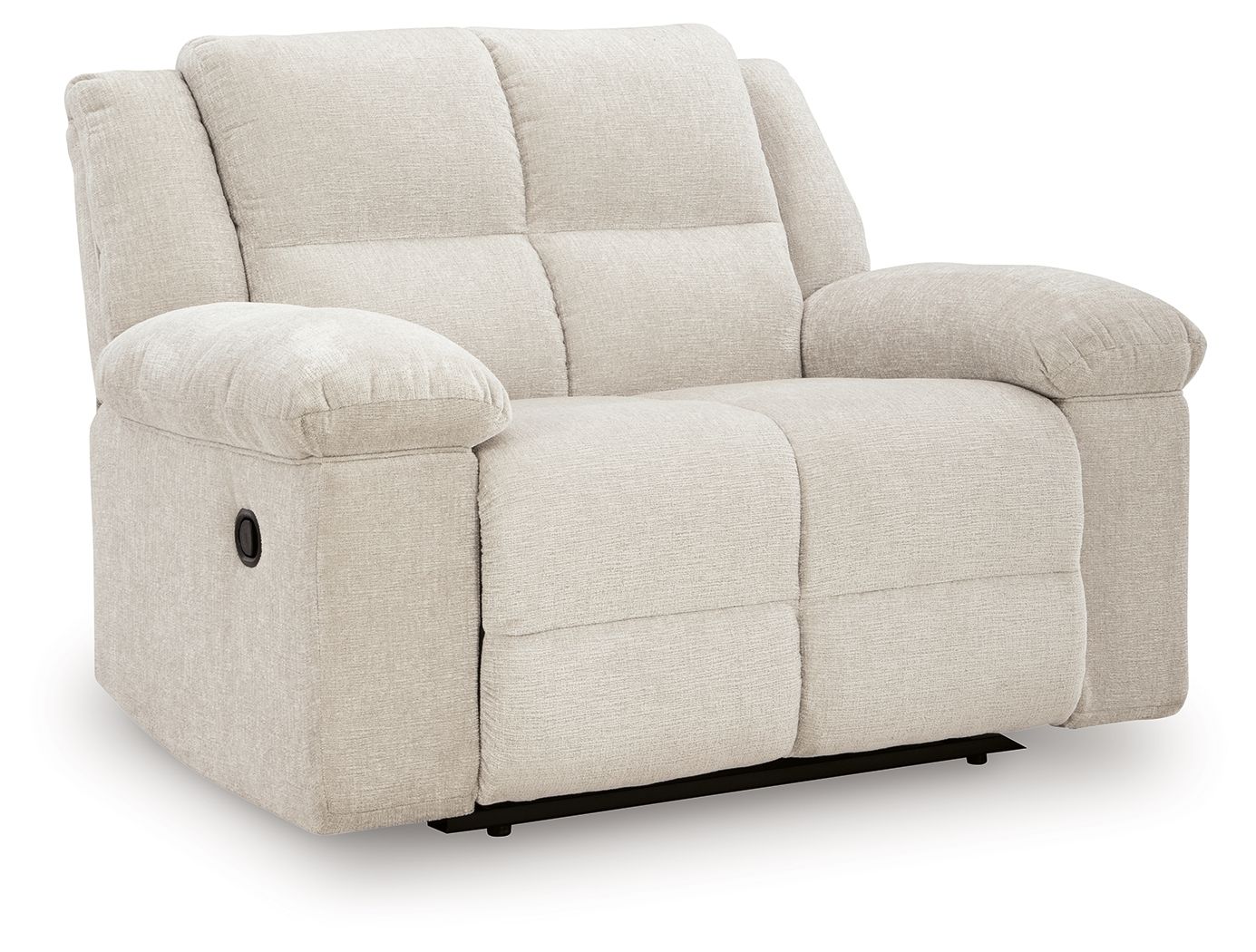 Recliner chair in light beige, side view, extended footrest and rounded arm pads