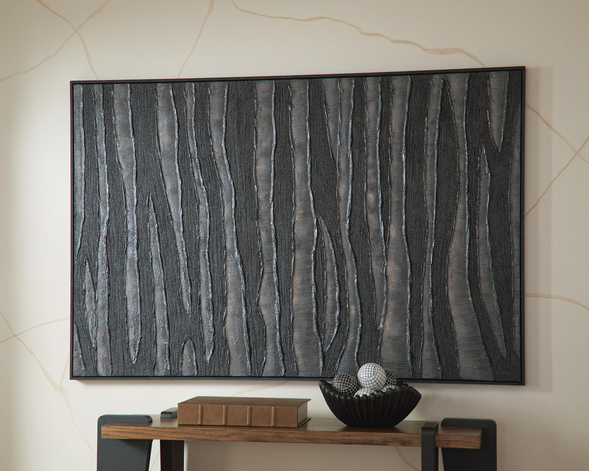 Framed textured wall art with dark vertical lines on a wall