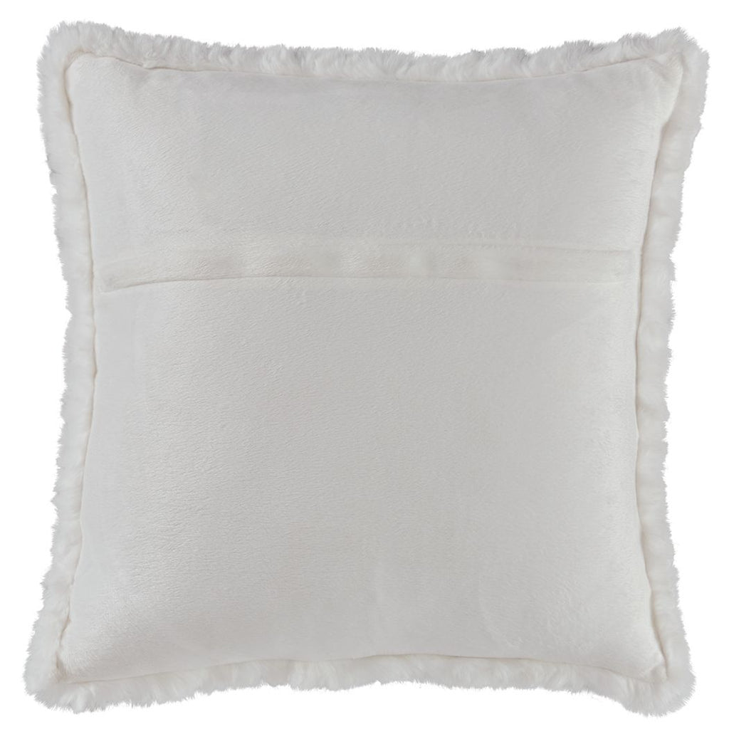 White faux fur square pillow with fluffy border and minimal center seam.