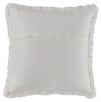 White faux fur square pillow with fluffy border and minimal center seam.