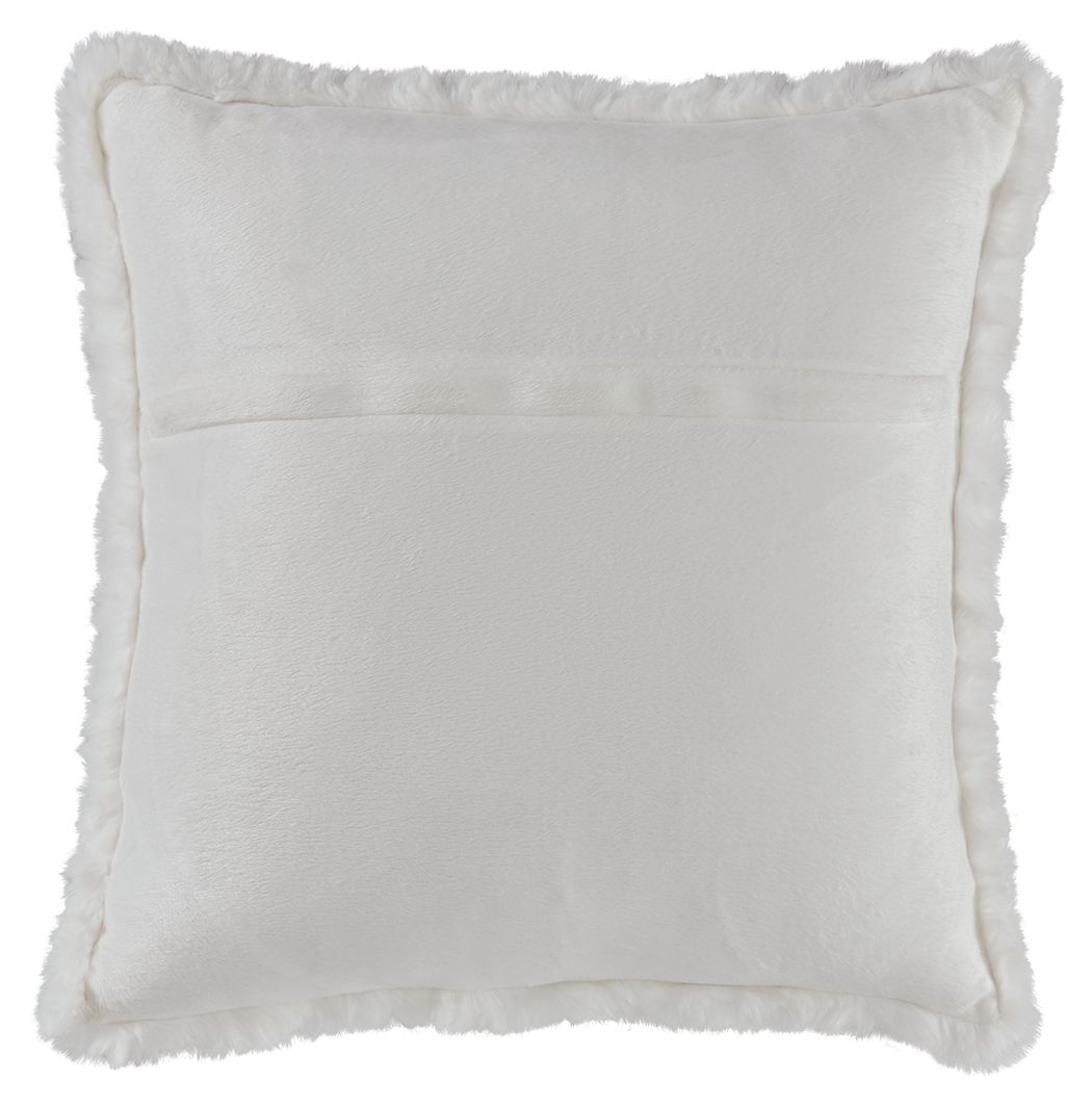 White faux fur square pillow with fluffy border and minimal center seam.