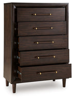 Five-drawer chest in dark wood with brass pulls and open side showing hinges