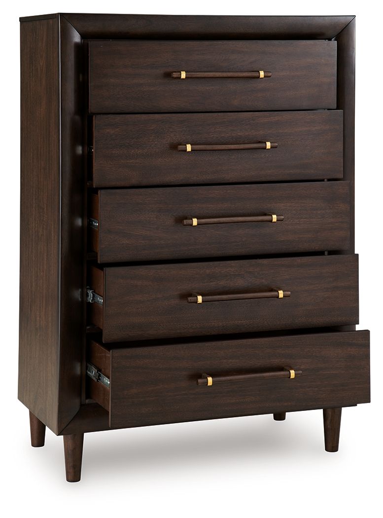 Five-drawer chest in dark wood with brass pulls and open side showing hinges