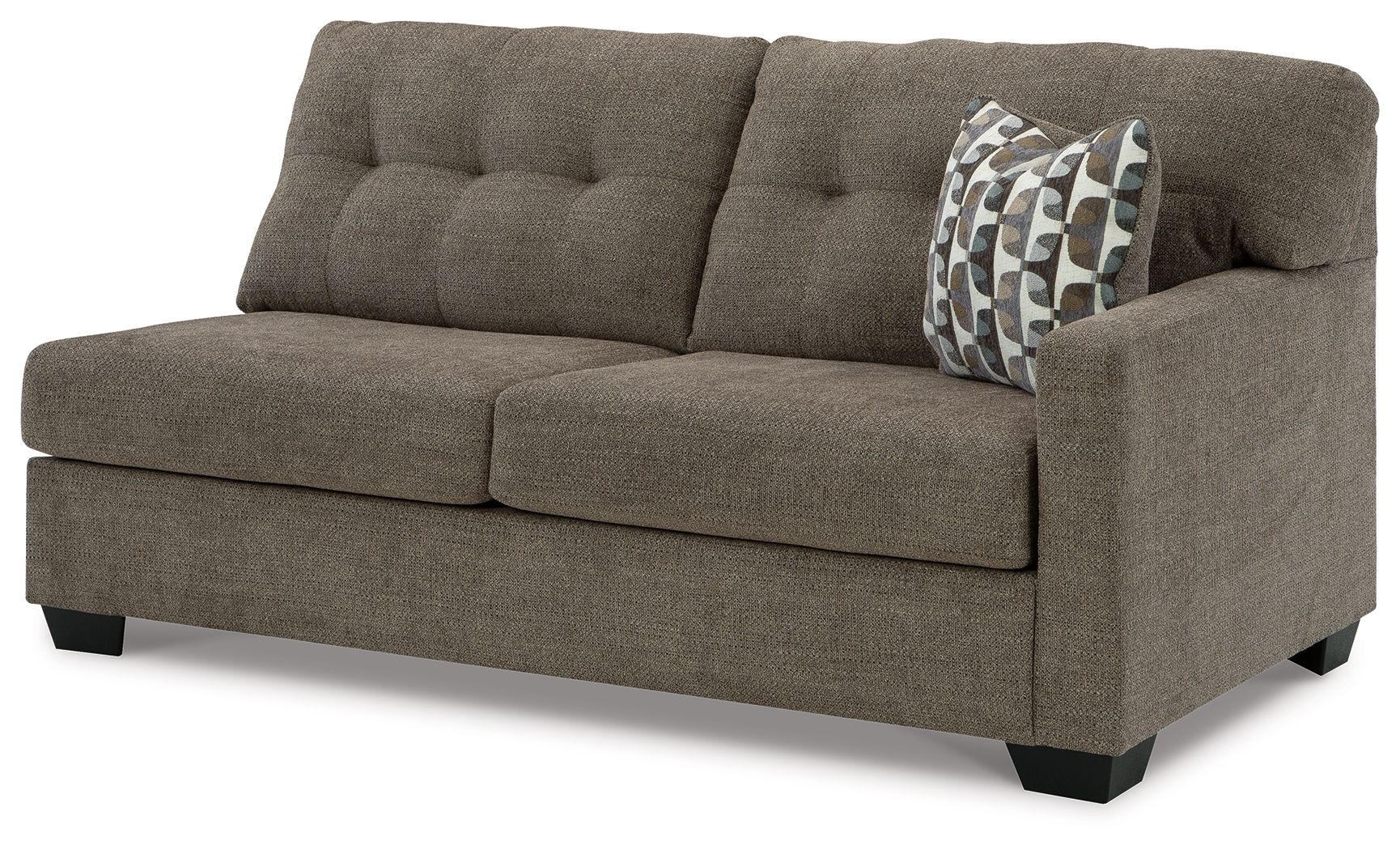 Sofa with tufted back cushions, dark brown fabric, and geometric patterned throw pillows