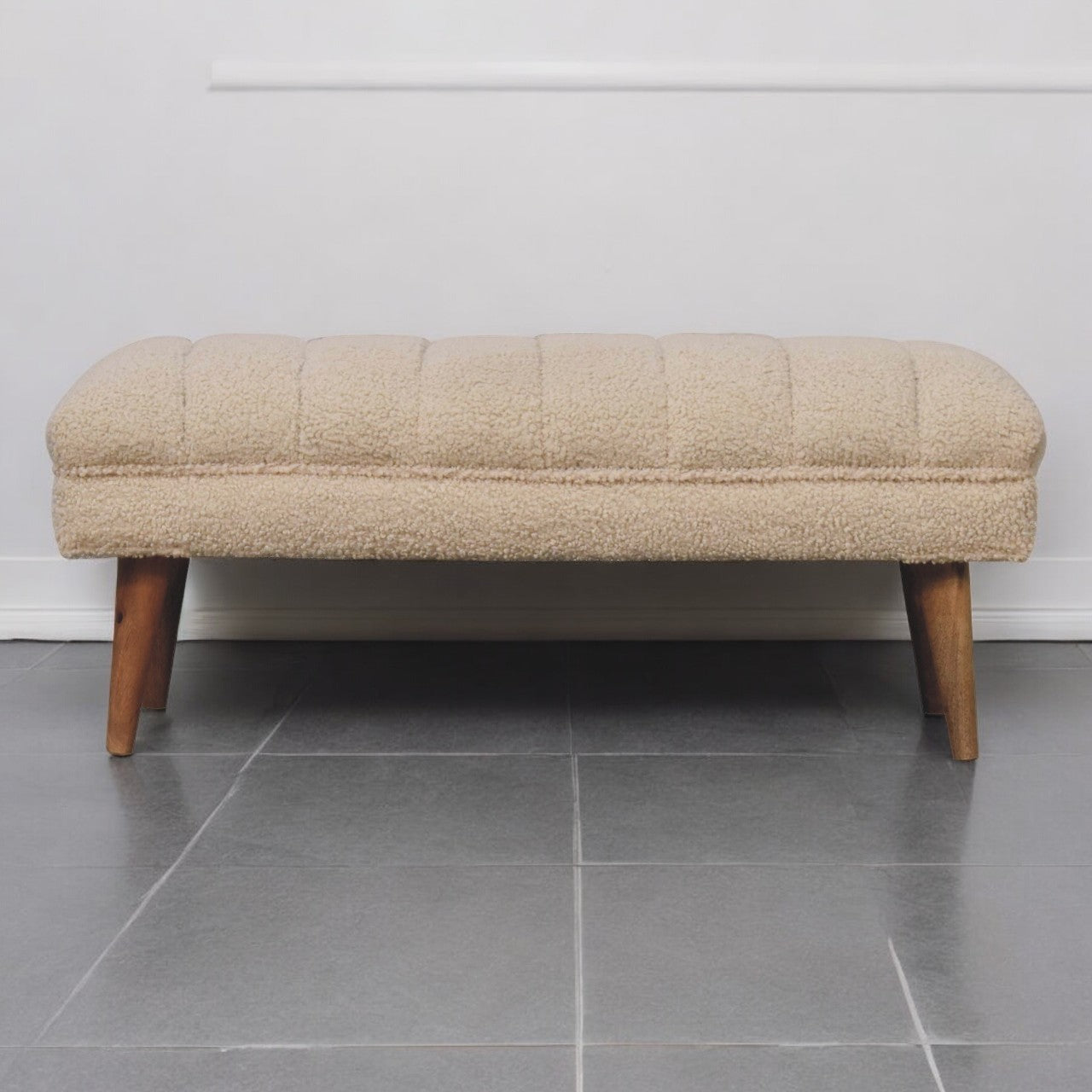 Boucle Puffer Bench: Solid Wood, Nordic Legs, Beige