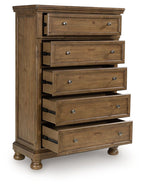 Medium brown wooden five-drawer chest with open drawer fronts and metal knob pulls
