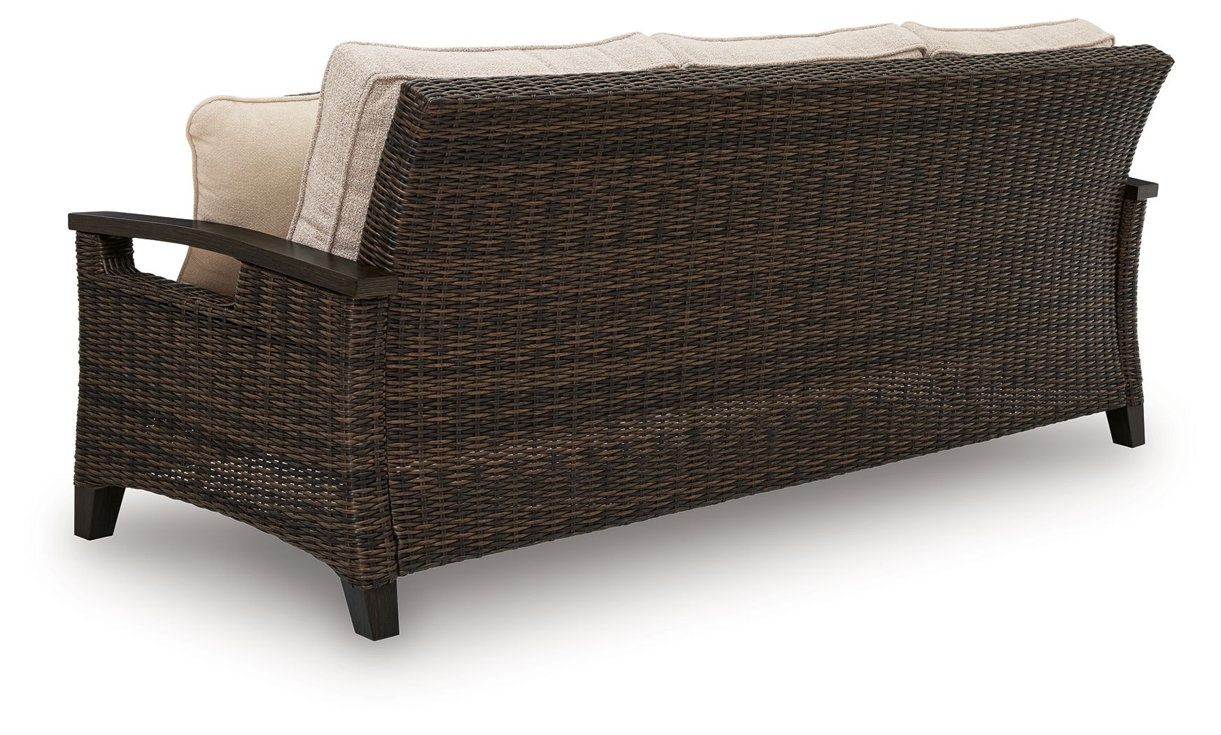 Dark brown wicker sofa with light gray cushions, shown from the side