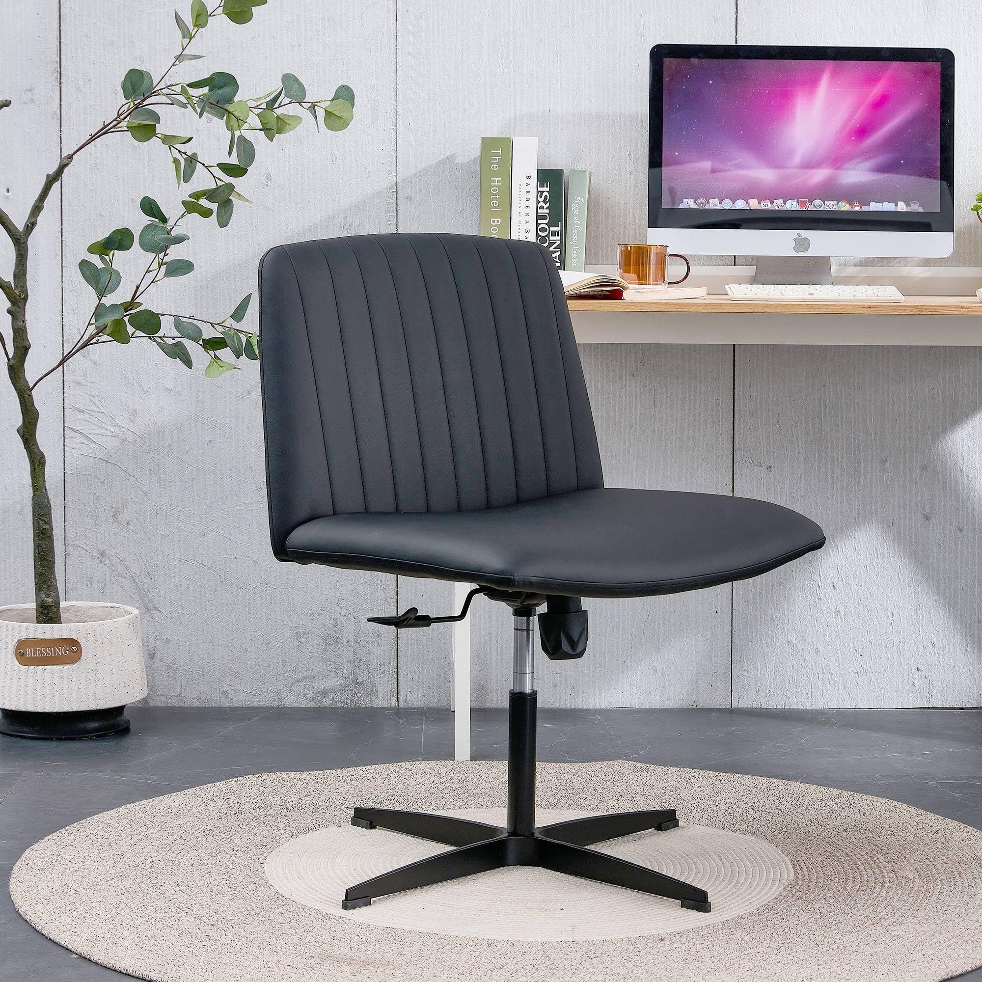 Black PU Leather Home Office Chair, 360° Swivel, No Wheels