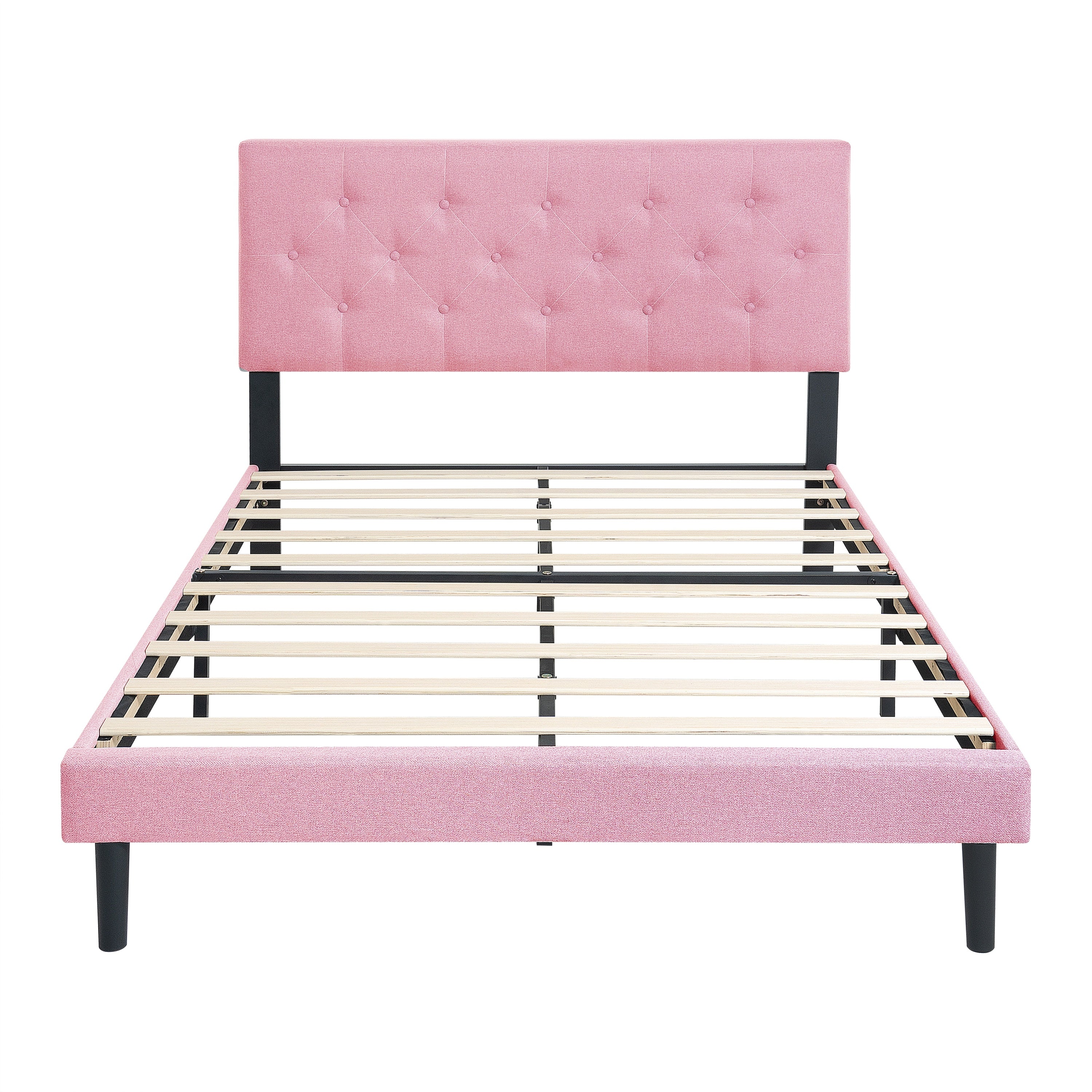 Pink Modern Upholstered Platform Bed w/ Button Tufted Linen Headboard