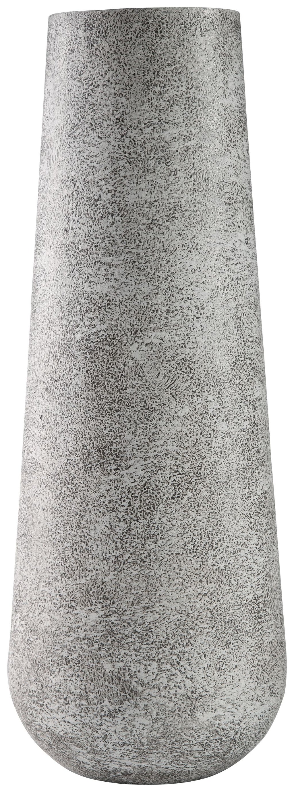 Tall ceramic vase in light gray with speckled, textured finish and rounded base.