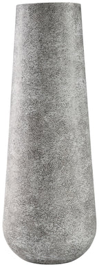 Tall ceramic vase in light gray with speckled, textured finish and rounded base.
