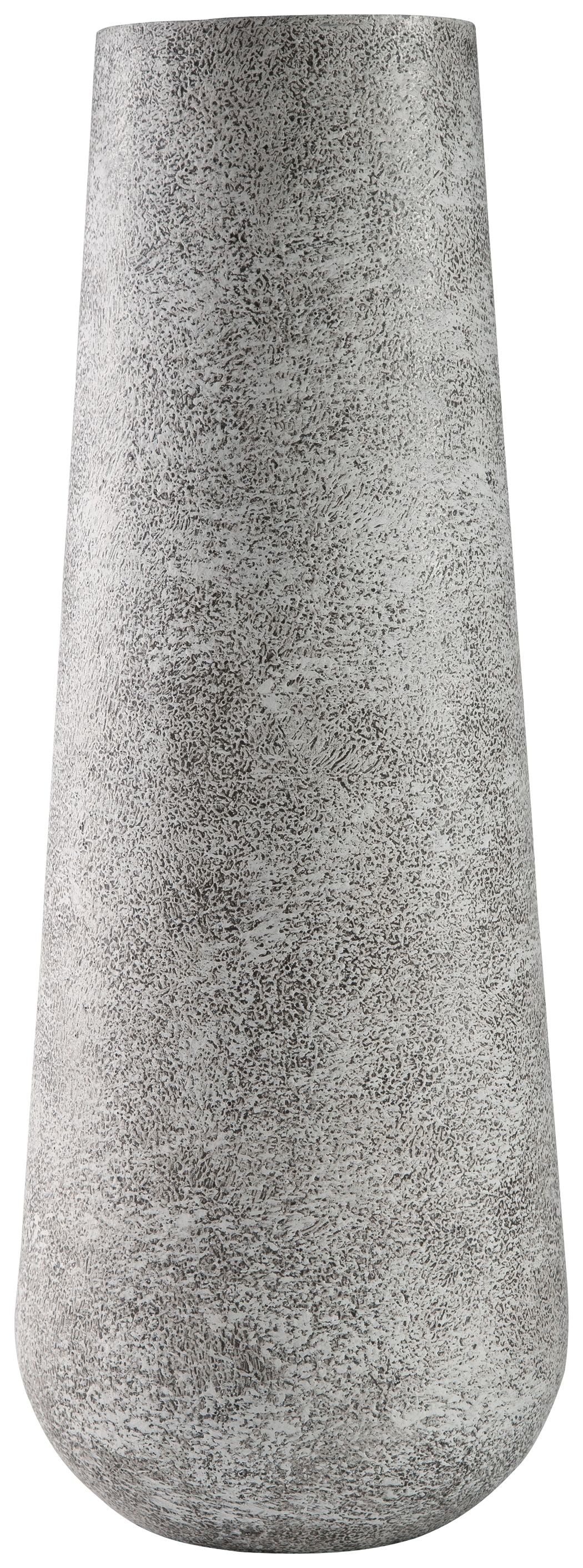 Tall ceramic vase in light gray with speckled, textured finish and rounded base.